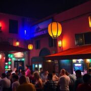 Lively Marrakech bar scene with vibrant lights and atmosphere.
