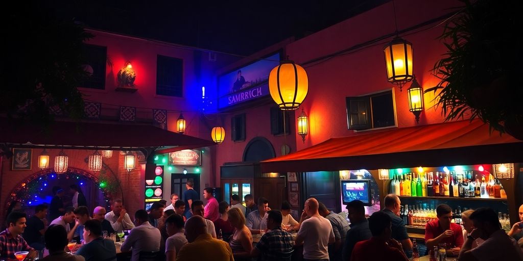 Lively Marrakech bar scene with vibrant lights and atmosphere.