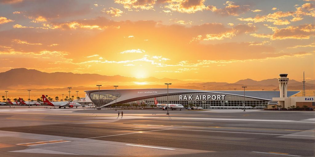 Marrakech airport exterior captured in bright desert daytime photographic style.
