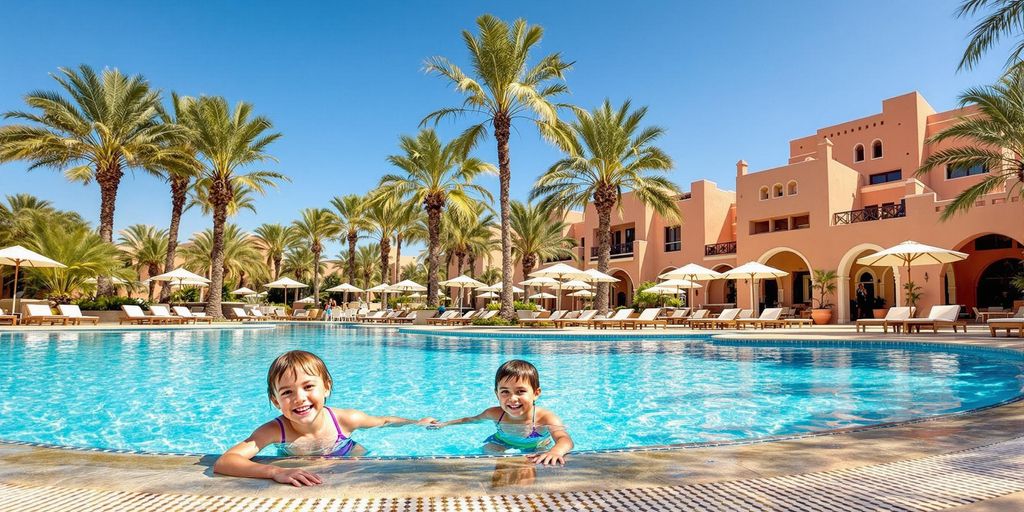 Family enjoying a vibrant poolside oasis at a Moroccan resort