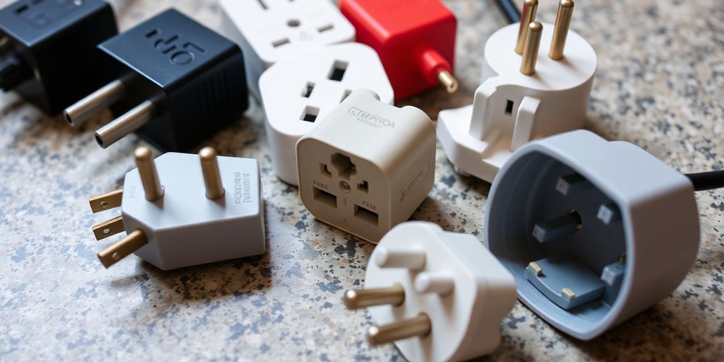 Different types of Moroccan power sockets and plugs.