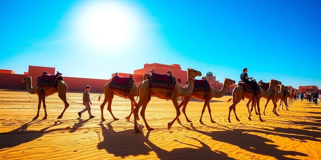 Camels walking through the desert sands of Marrakech.