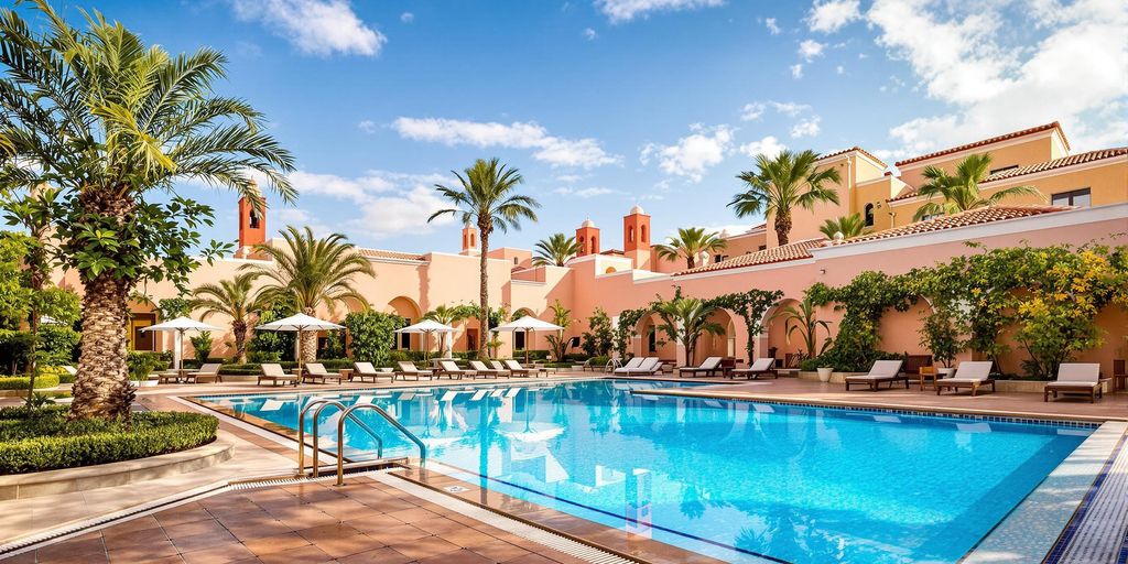 Luxurious sparkling pool, elegant Moroccan hotel architecture, serene adult oasis.