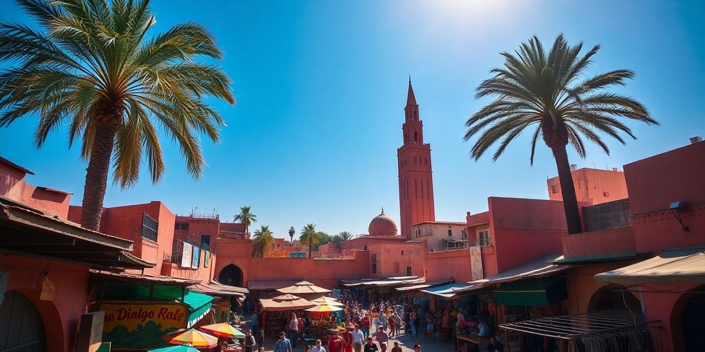 Aerial view of Marrakech's colorful Medina and markets.