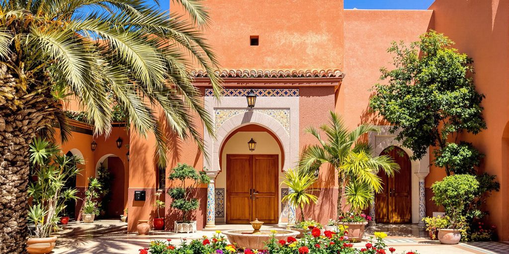 Modest hotel in Marrakech with traditional architecture and palm trees.