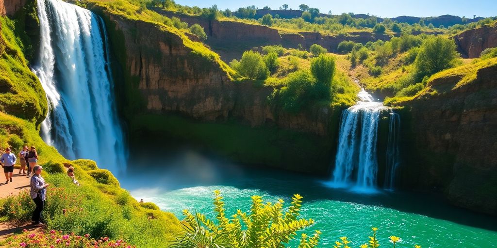 Ouzoud Waterfall with lush greenery and cascading waters.