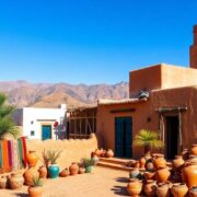 Moroccan landscape with Berber architecture and colorful textiles.