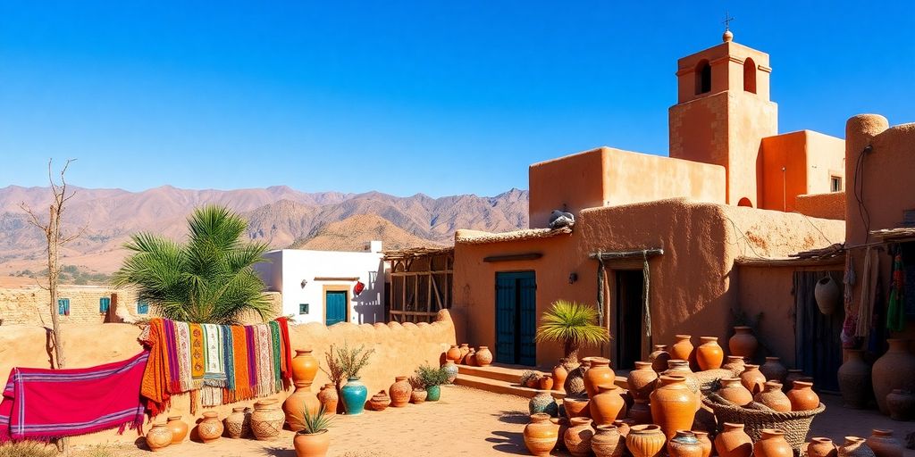 Moroccan landscape with Berber architecture and colorful textiles.