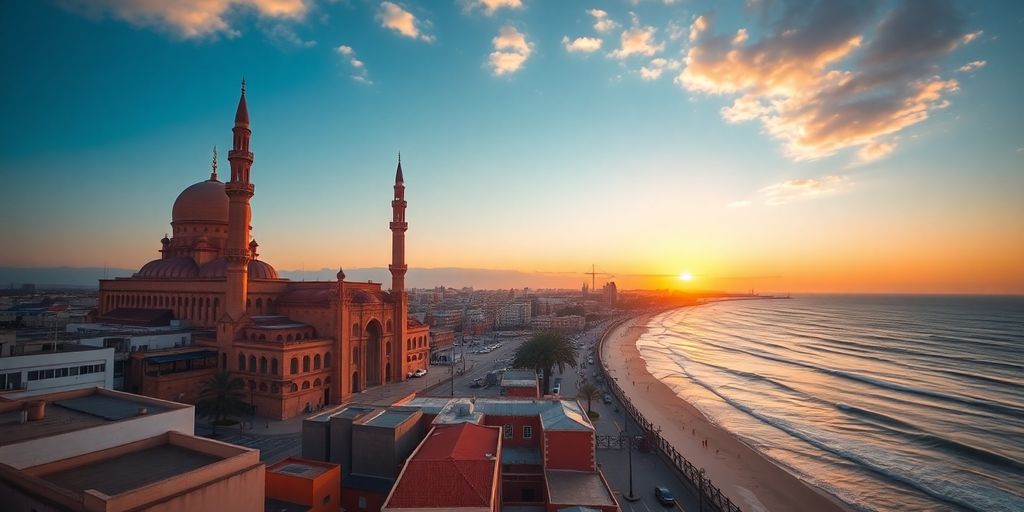 Hassan II Mosque at sunset in Casablanca, Morocco.