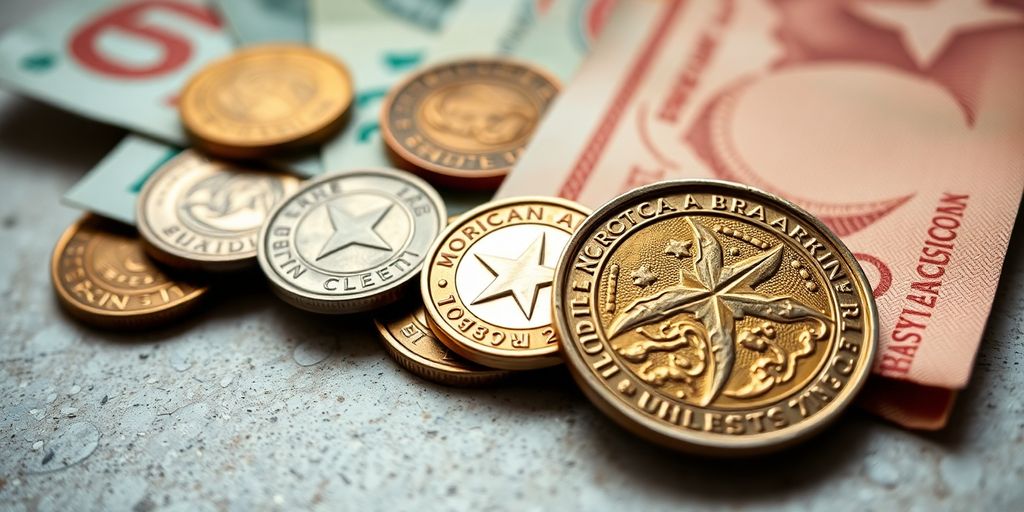 Moroccan Dirham coins and bills on a textured surface.